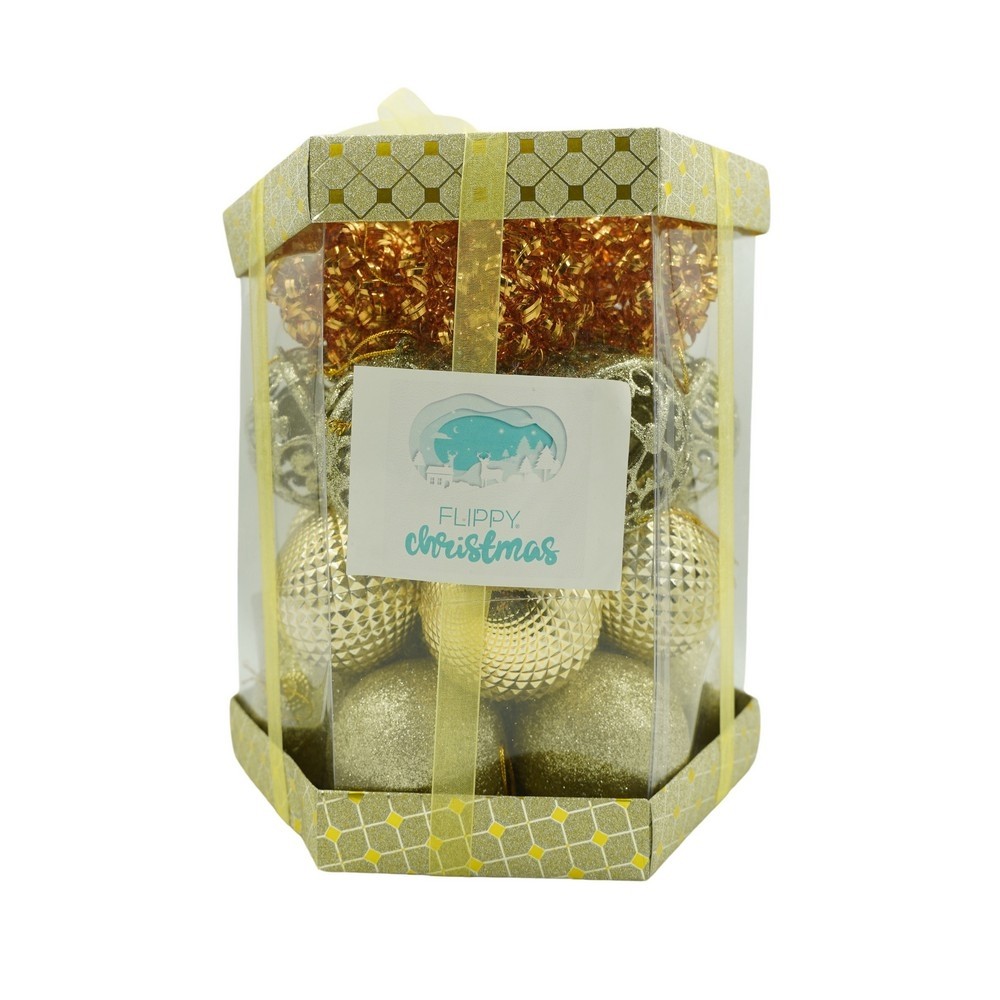 Ornamente Brad - Set de 28 ornamente de brad, Flippy, de tip Glob, Cupru/ Auriu, din polistiren, cu finisaj sclipitor , cutie 18 cm adancime x 22 cm inaltime x 18 cm lungime)