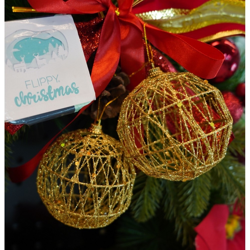 Set de 4 ornamente de brad, Flippy, de tip Glob, Auriu, cu ø de 8 cm, din metal, cu finisaj sclipitor , cutie 8 cm adancime x 32 cm lungime x 8 cm inaltime [9]