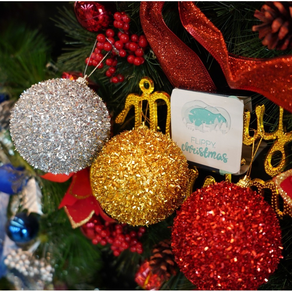 Set de 6 ornamente de brad, Flippy, de tip Glob, Multicolor, cu ø de 8 cm, din polistiren, cu finisaj sclipitor , cutie 16 cm inaltime x 24 cm lungime x 8 cm adancime [10]