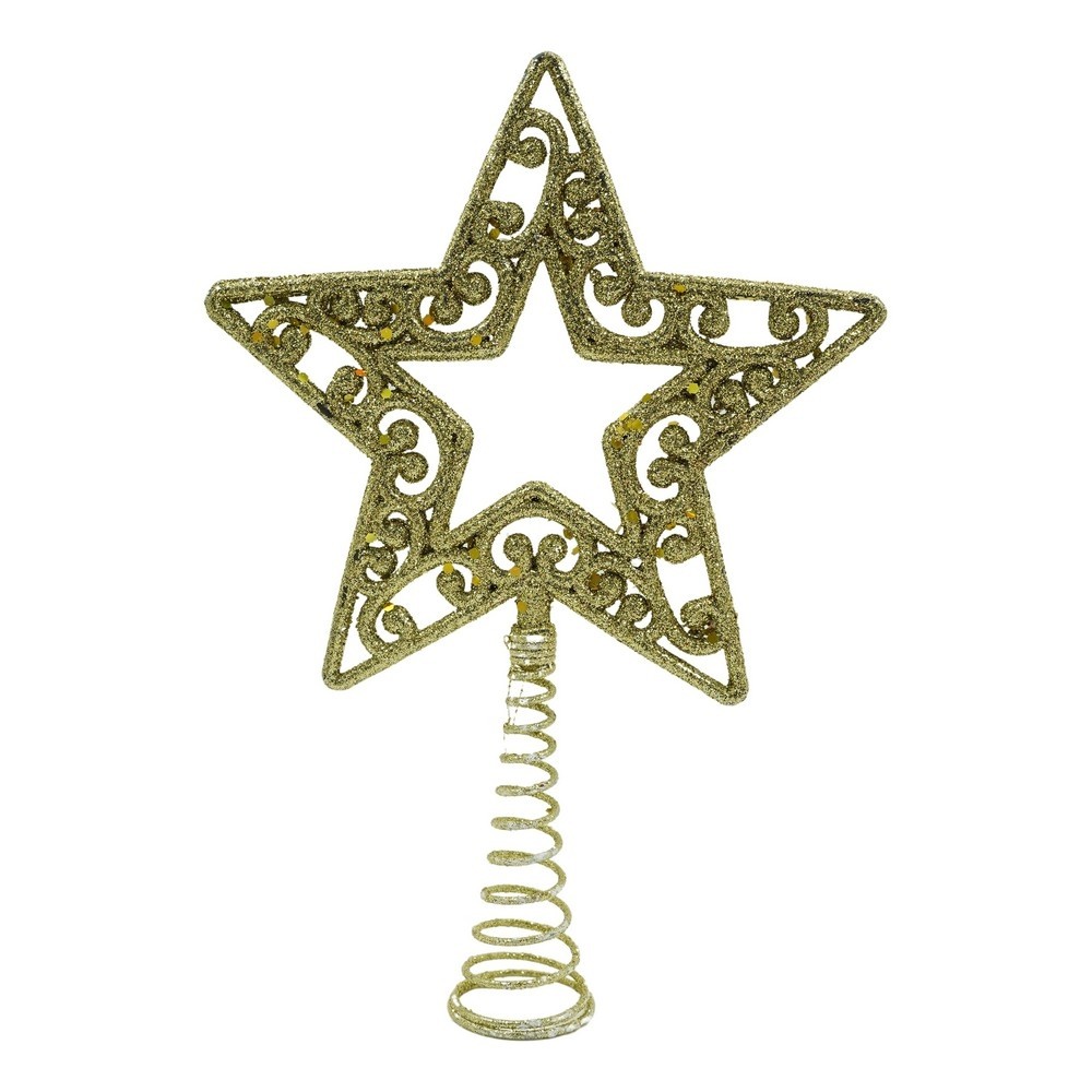 Varfuri Decorative - Varf decorativ de brad, Auriu, in forma de Stea, decupata in centru, din Plastic/Metal, 14 cm x 19 cm, Interior/Exterior, Flippy