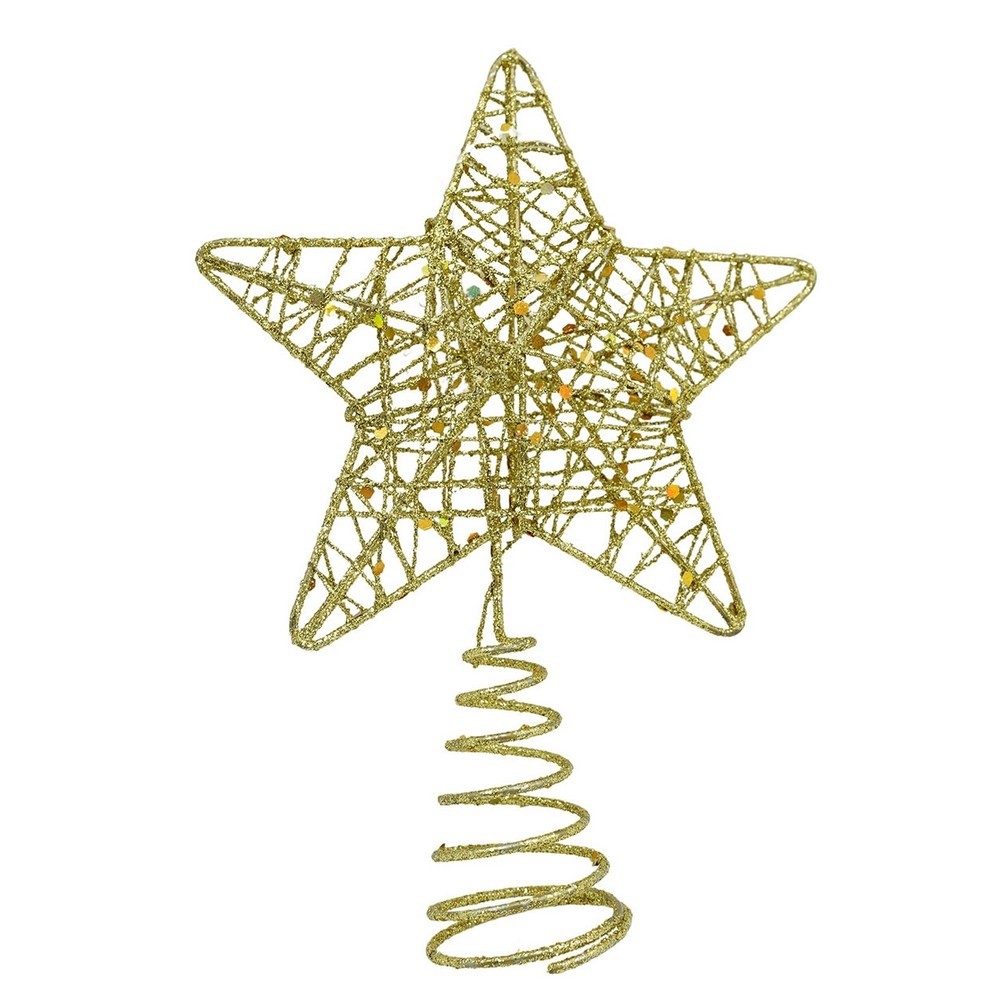 Varfuri Decorative - Varf decorativ de brad, Auriu, in forma de Stea, design cu paiete, din Plastic/Metal, 13 cm x 18 cm, diametru 4 cm, Interior/Exterior, Flippy