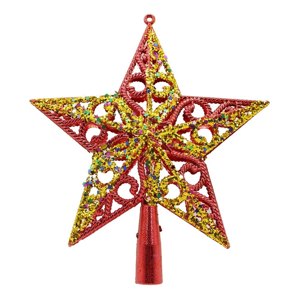 Varfuri Decorative - Varf decorativ de brad, Rosu/ Auriu, in forma de Stea, design spiralat, din Plastic, 19 cm x 21 cm, Interior/Exterior, Flippy