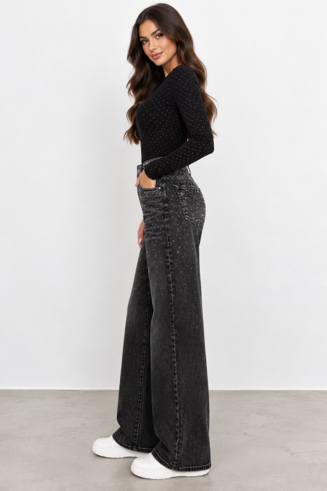Blugi Black Star wide leg negri cu pietricele [2]