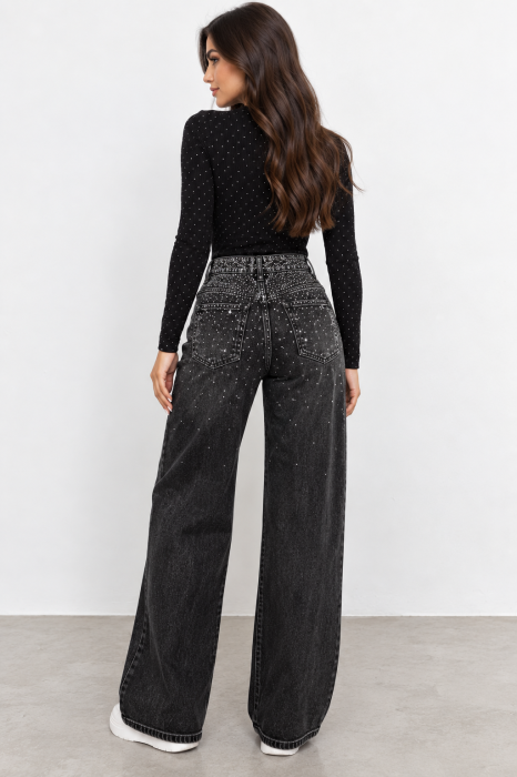 Blugi Black Star wide leg negri cu pietricele [3]