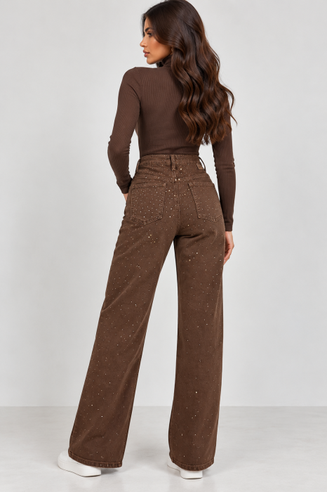 Blugi Brownie wide leg maro cu pietricele [3]