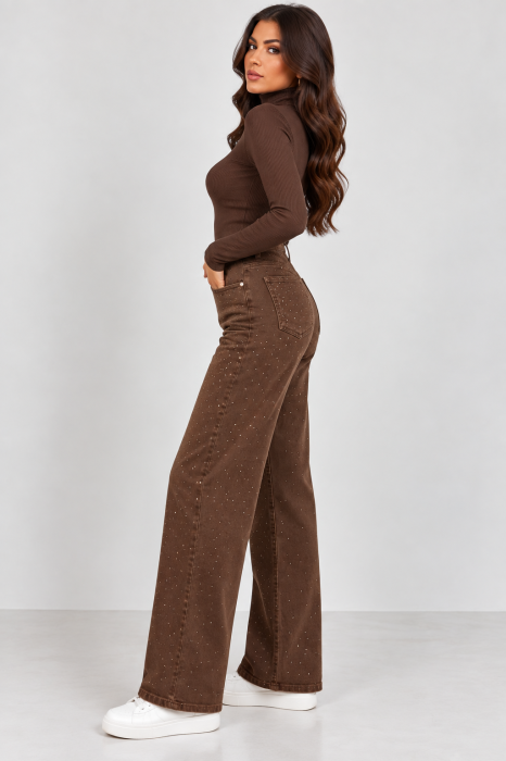 Blugi Brownie wide leg maro cu pietricele [2]