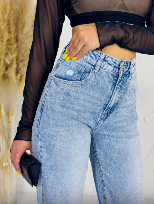 Blugi Happy Sunshine wide leg cu pietricele [6]