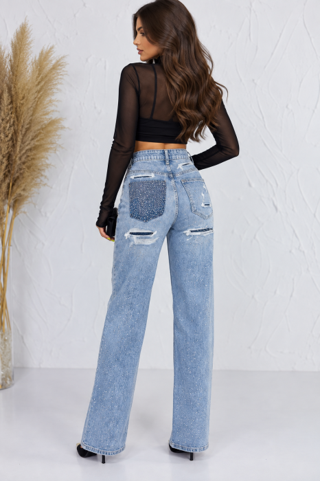 Blugi Happy Sunshine wide leg cu pietricele [3]