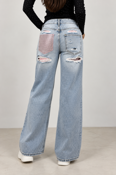 Blugi Pinky wide leg cu pietricele roz [3]