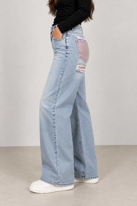 Blugi Pinky wide leg cu pietricele roz [2]