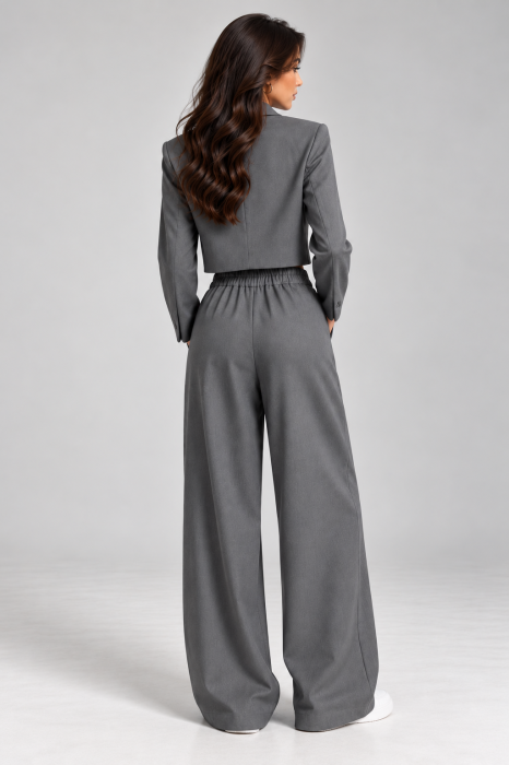 Costum damă gri cu sacou crop și pantaloni wide leg [3]
