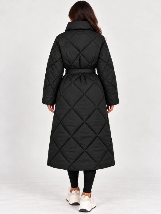 Geaca lunga matlasata neagra cu cordon Coffee Elegance [3]