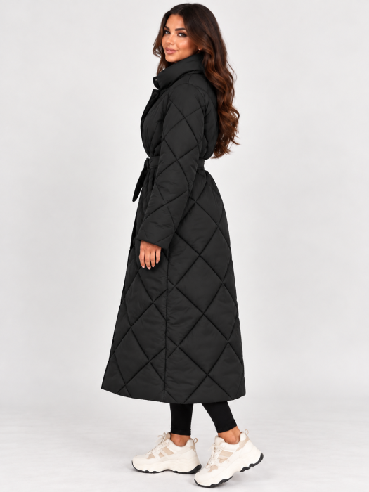 Geaca lunga matlasata neagra cu cordon Coffee Elegance [2]