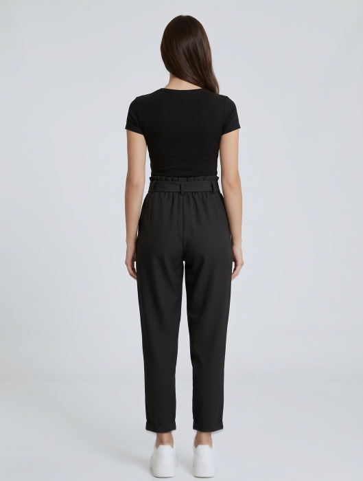 Pantaloni damă eleganți negri cu talie înaltă și cordon [2]