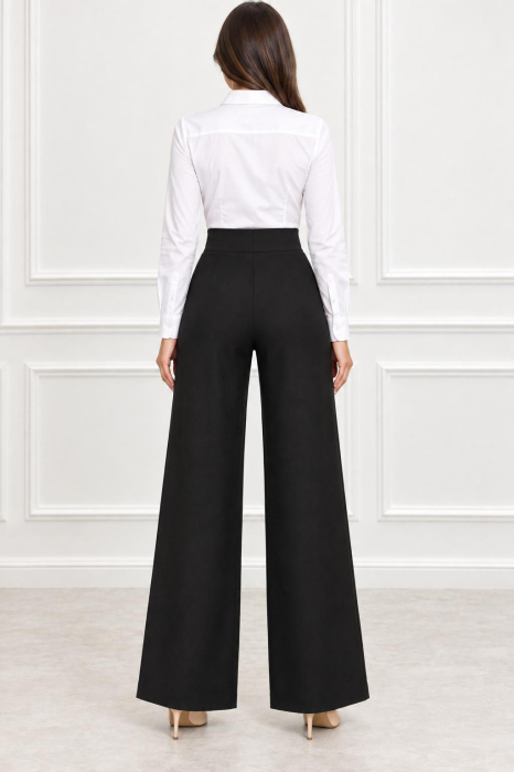 Pantaloni eleganți wide leg cu accesoriu decorativ – Black [2]