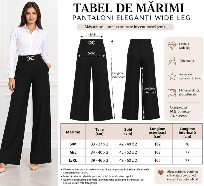 Pantaloni eleganți wide leg cu accesoriu decorativ – Black [3]