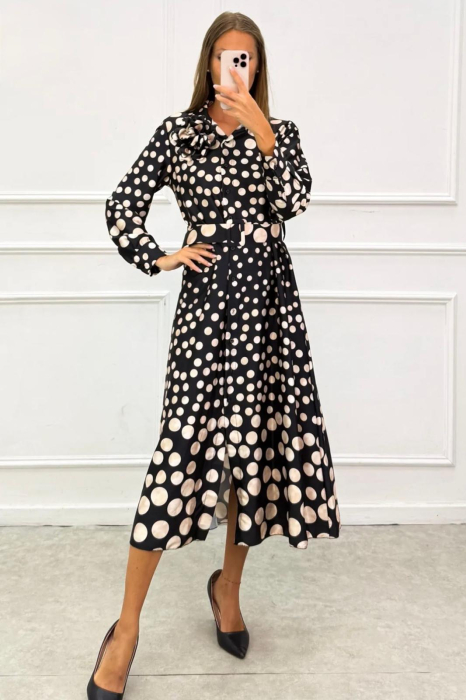 Rochie midi damă cu buline, curea și floare decorativă [3]