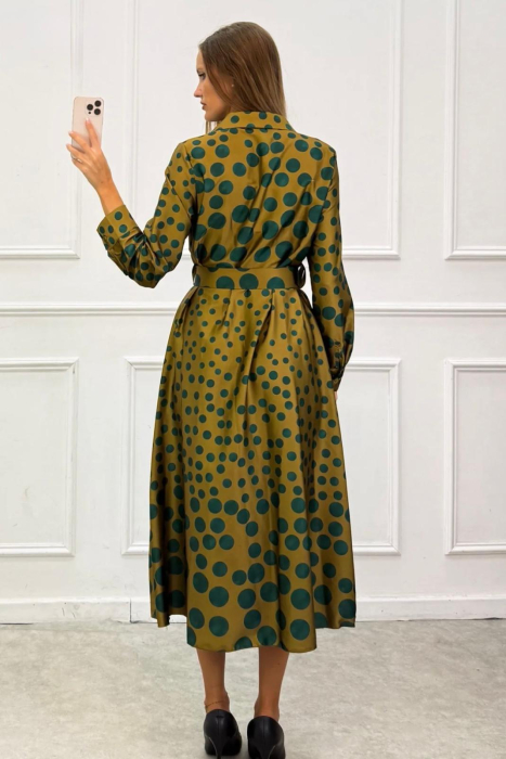 Rochie midi damă cu buline, curea și floare decorativă [4]