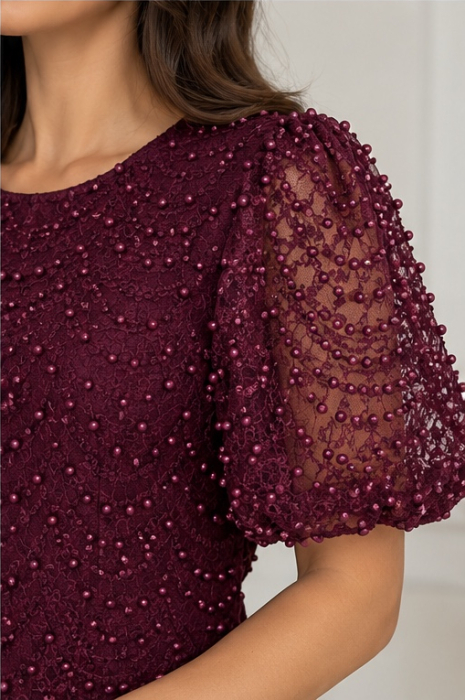 Rochie mini burgundy din dantelă cu mărgele [2]