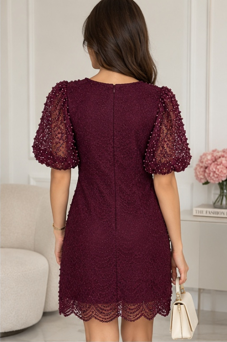 Rochie mini burgundy din dantelă cu mărgele [3]