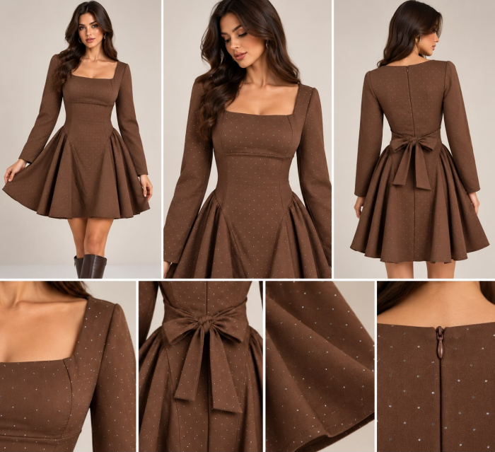 Rochie scurtă Elara cu sclipici – Maro [2]