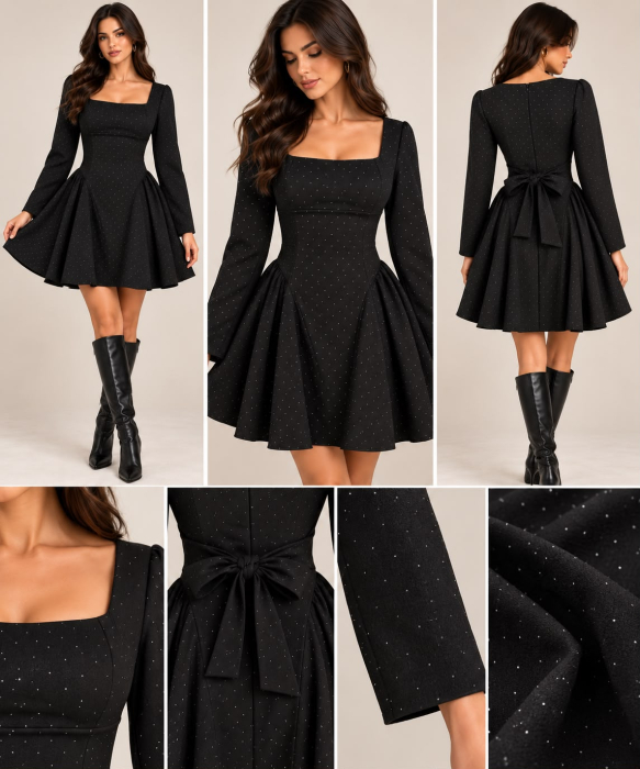 Rochie scurtă Elara cu sclipici – Negru [2]