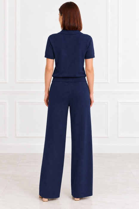 Set damă tricotat bleumarin cu bluză polo și pantaloni largi [2]