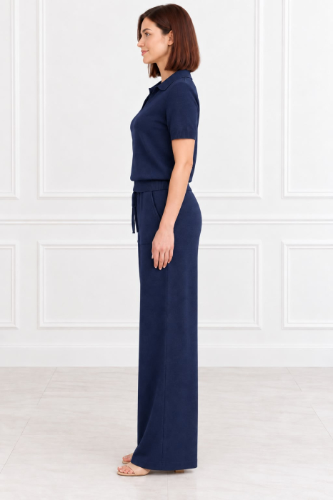 Set damă tricotat bleumarin cu bluză polo și pantaloni largi [3]