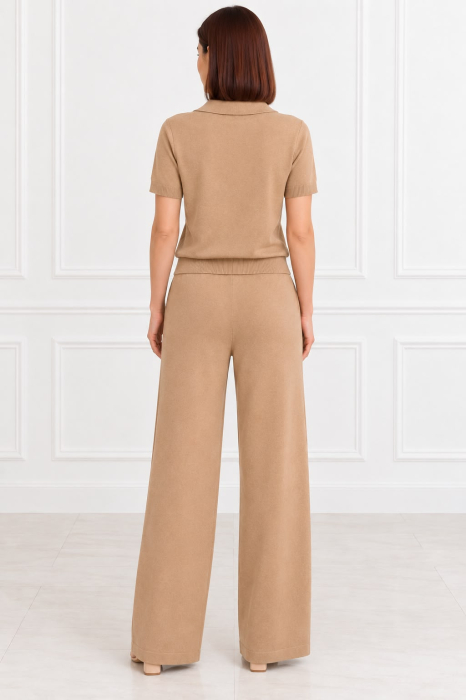 Set damă tricotat camel cu bluză polo și pantaloni largi [3]
