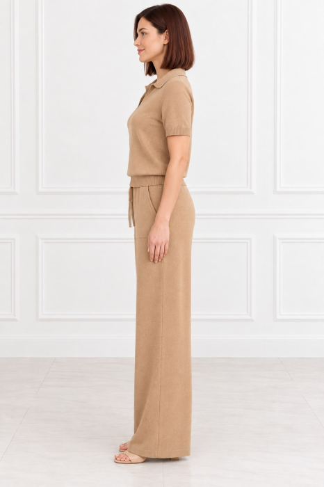 Set damă tricotat camel cu bluză polo și pantaloni largi [2]