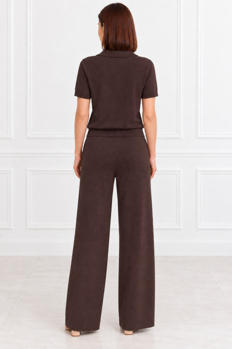 Set damă tricotat maro cu bluză polo și pantaloni largi [3]