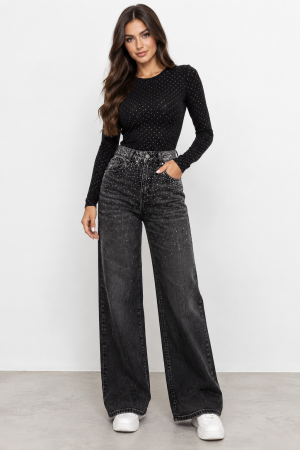 BLUGI/PANTALONI - Blugi Black Star wide leg negri cu pietricele