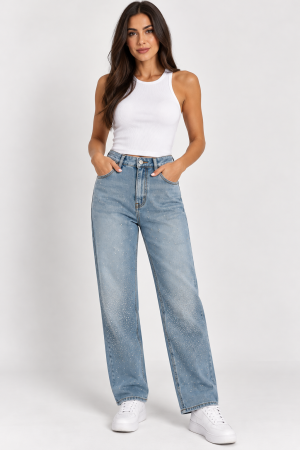 BLUGI/PANTALONI - Blugi boyfriend dama albastri cu strasuri Crystal Blue