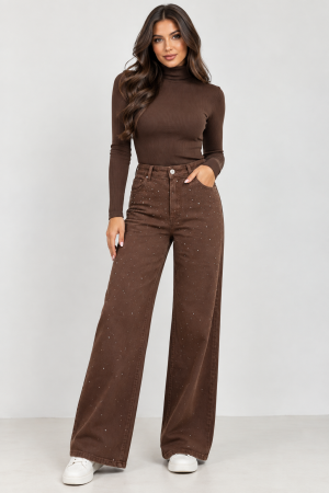 BLUGI/PANTALONI - Blugi Brownie wide leg maro cu pietricele