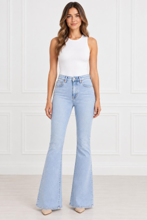 BLUGI/PANTALONI - Blugi damă bootcut albastru deschis cu talie înaltă
