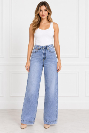 BLUGI/PANTALONI - Blugi damă wide leg albaștri cu talie înaltă