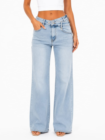 BLUGI/PANTALONI - Blugi damă wide leg fit albastru deschis cu talie asimetrică