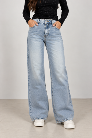 BLUGI/PANTALONI - Blugi Pinky wide leg cu pietricele roz