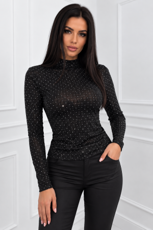 BLUZE - Bluză elegantă neagră damă cu strasuri și guler înalt