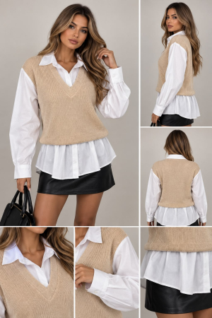 BLUZE - Cămașă Amalia cu vestă aplicată – Croială oversize