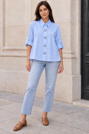 BLUZE - Cămașă baby blue din bumbac cu nasturi decorativi
