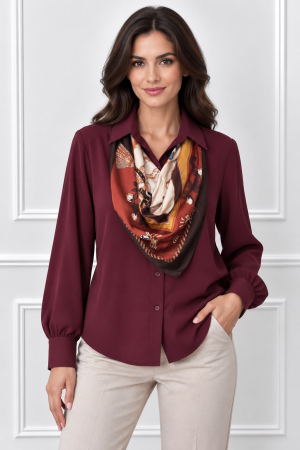 BLUZE - Cămașă bordo elegantă cu eșarfă decorativă