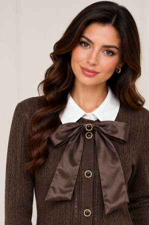 BLUZE - Cardigan damă maro cu guler alb și fundă detașabilă