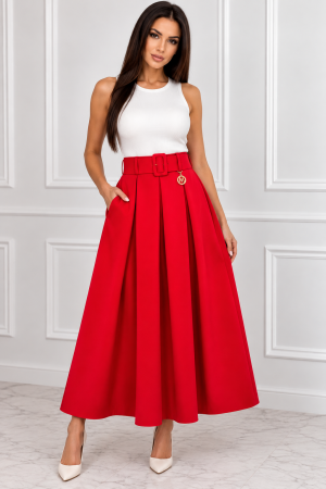 ROCHII/FUSTE - Fustă maxi elegantă damă roșie cu curea