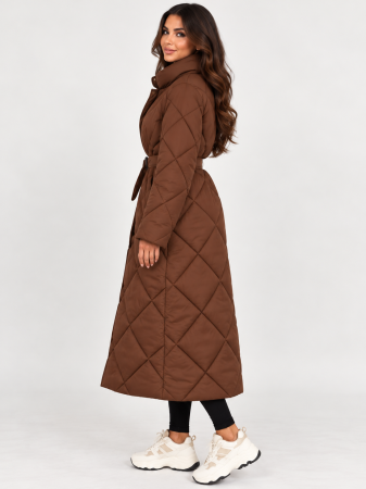 GECI - Geaca lunga matlasata maro coffee cu cordon Coffee Elegance