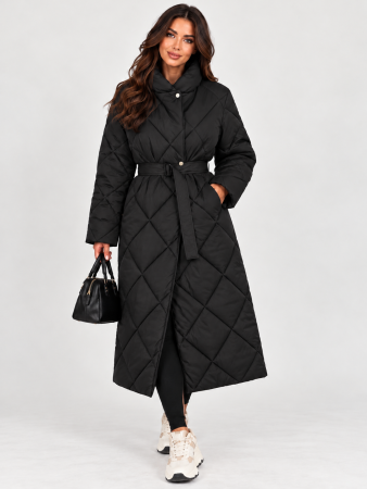 GECI - Geaca lunga matlasata neagra cu cordon Coffee Elegance