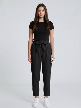 BLUGI/PANTALONI - Pantaloni damă eleganți negri cu talie înaltă și cordon