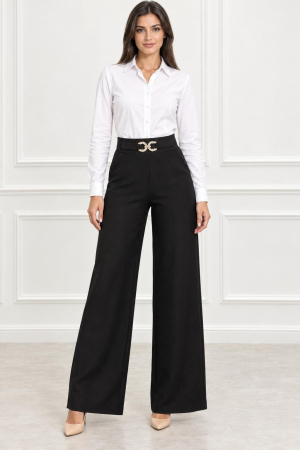 BLUGI/PANTALONI - Pantaloni eleganți wide leg cu accesoriu decorativ – Black