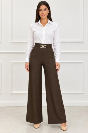 BLUGI/PANTALONI - Pantaloni eleganți wide leg maro damă cu accesoriu decorativ