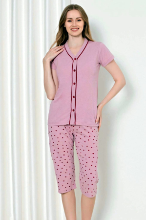 PIJAMALE - Pijama damă 100% bumbac roz cu pantaloni 3/4
